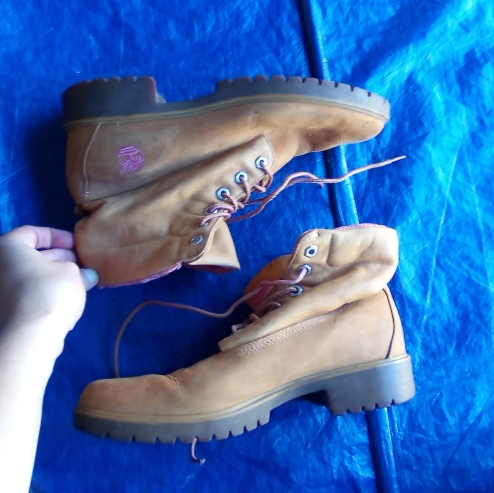 Timberlands Tan Boots with Pink Accents